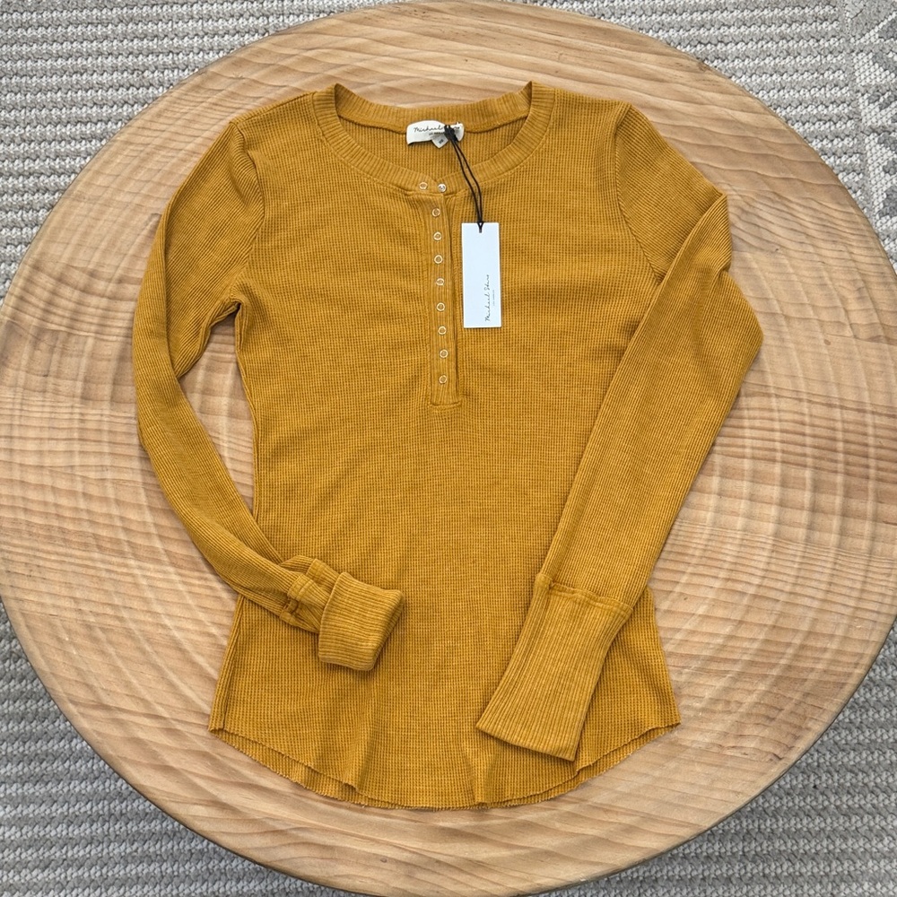 Michael Stars Mustard Ribbed Henley Long Sleeve Tee